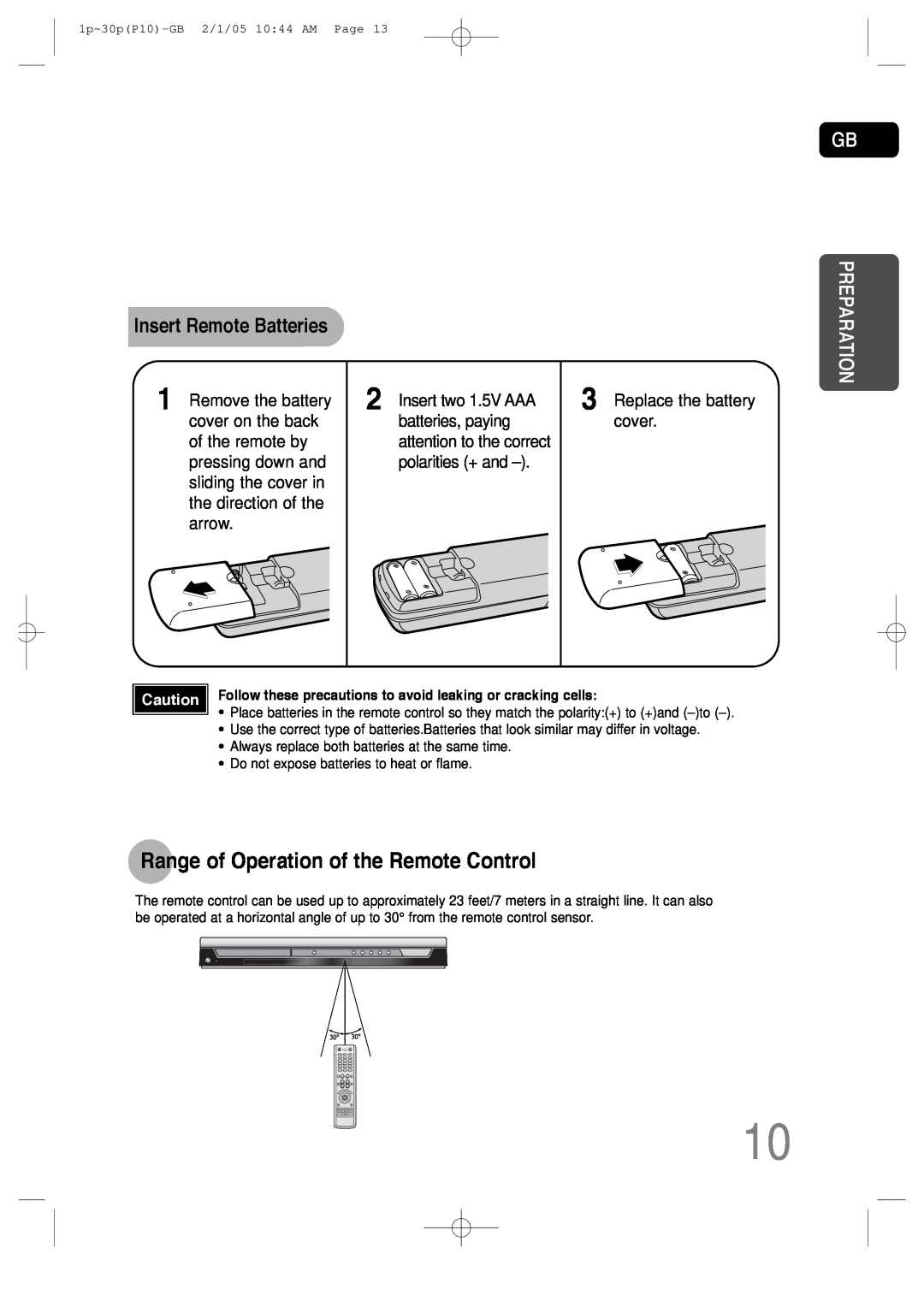 Samsung P10 instruction manual Range of Operation of the Remote Control, Insert Remote Batteries, Preparation 