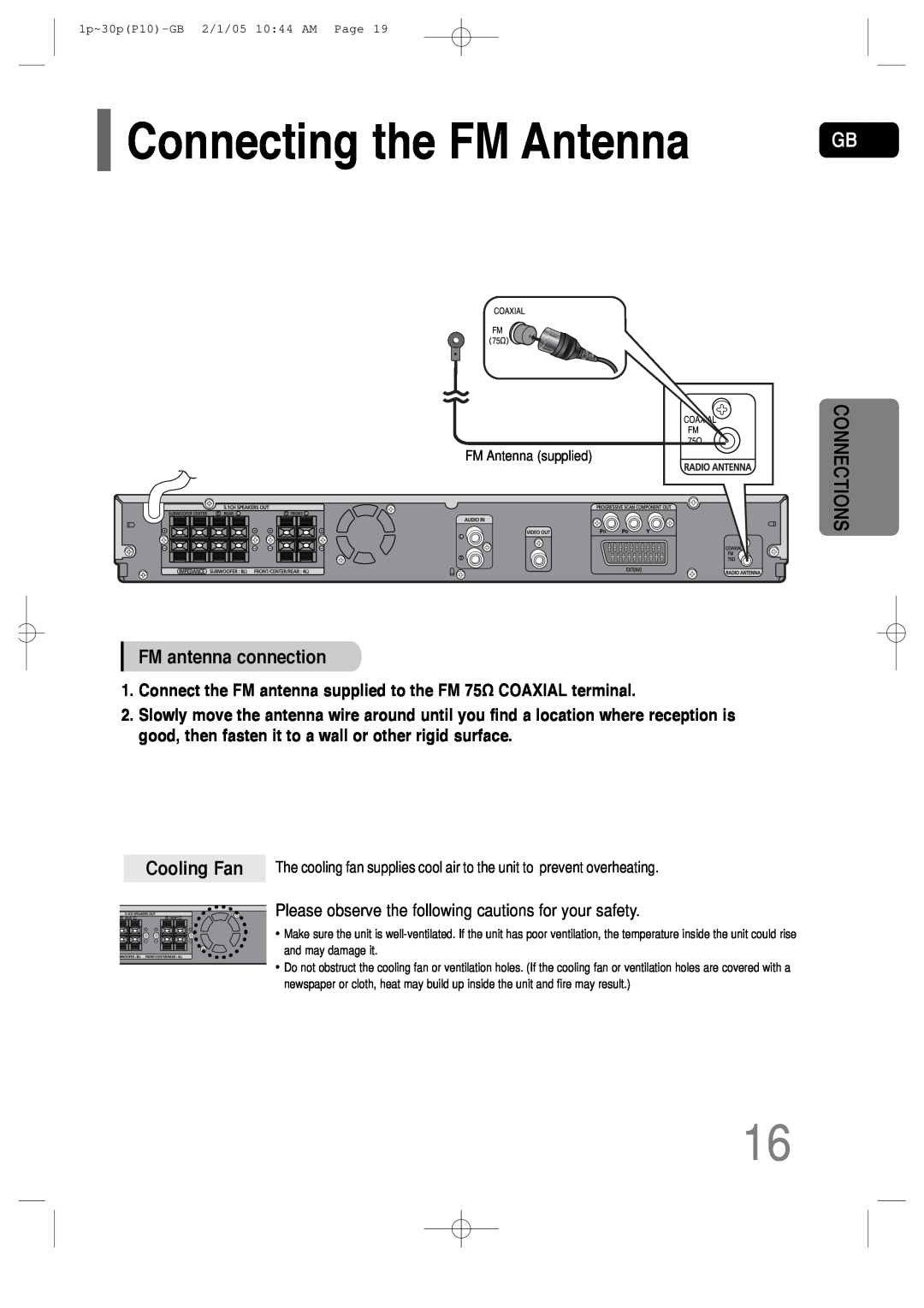 Samsung P10 instruction manual Connecting the FM Antenna, FM antenna connection, Cooling Fan 