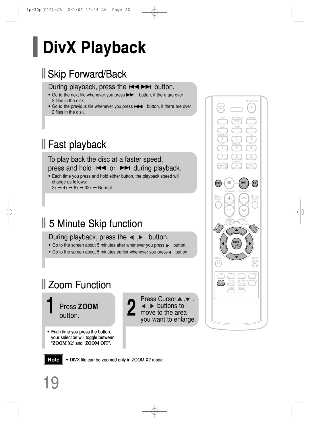 Samsung P10 DivX Playback, Skip Forward/Back, Fast playback, Minute Skip function, Zoom Function, Pressbutton.ZOOM 