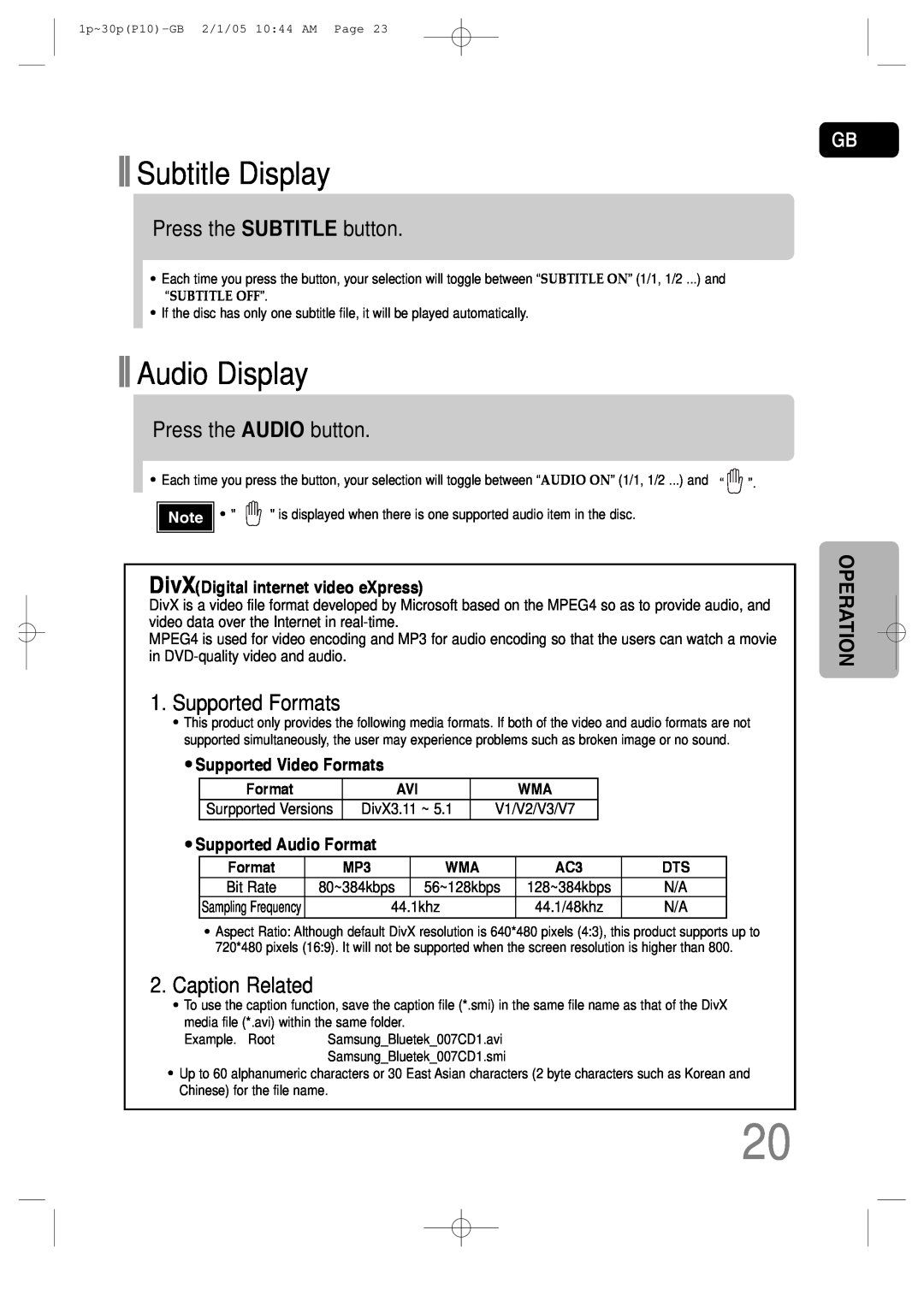 Samsung P10 Subtitle Display, Audio Display, Press the SUBTITLE button, Press the AUDIO button, Supported Formats, 44.1khz 