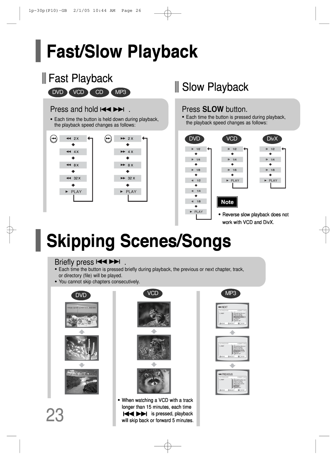 Samsung P10 Fast/Slow Playback, Skipping Scenes/Songs, Fast Playback, Press and hold, Press SLOW button, Briefly press 