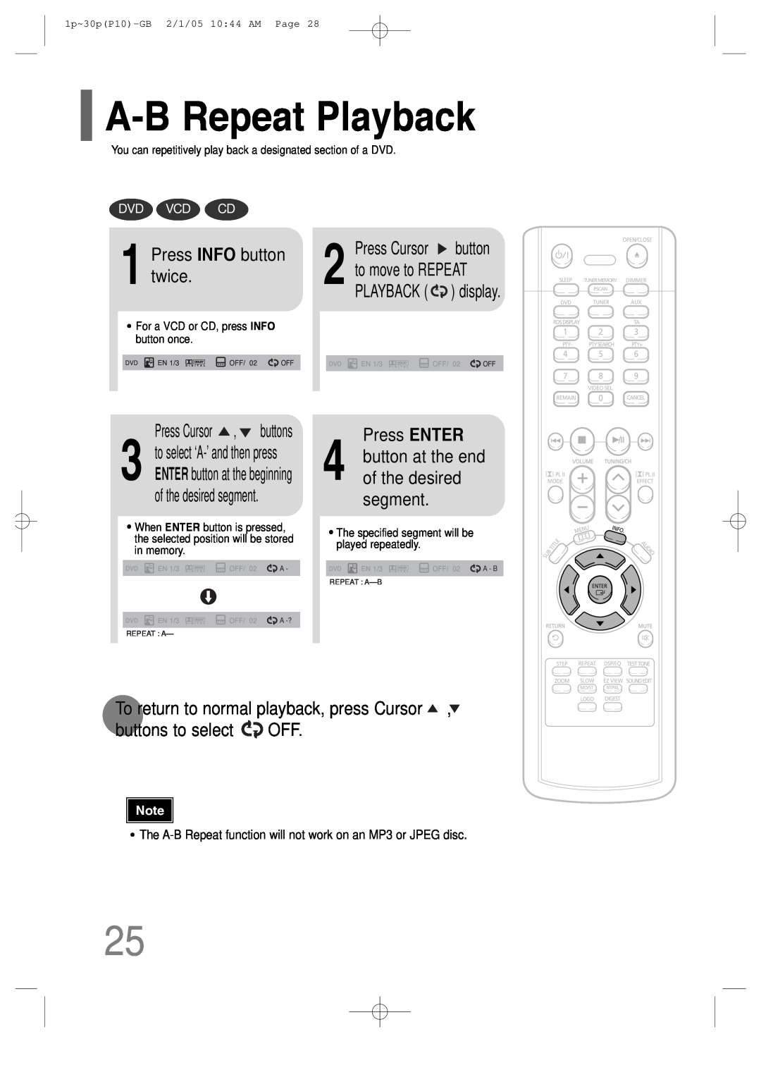 Samsung P10 A-BRepeat Playback, Press INFO button twice, Press ENTER, button at the end of the desired segment, Dvd Vcd Cd 