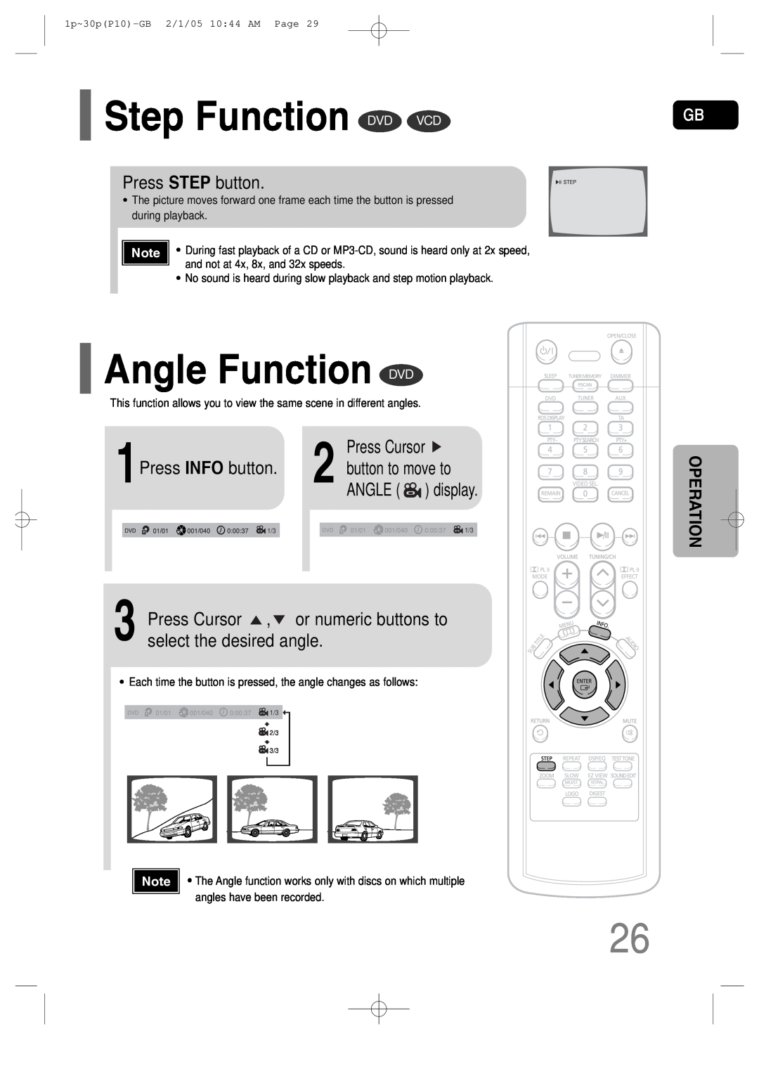 Samsung P10 Step Function DVD VCD, Angle Function DVD, Press STEP button, Press Cursor, button to move to, ANGLE display 