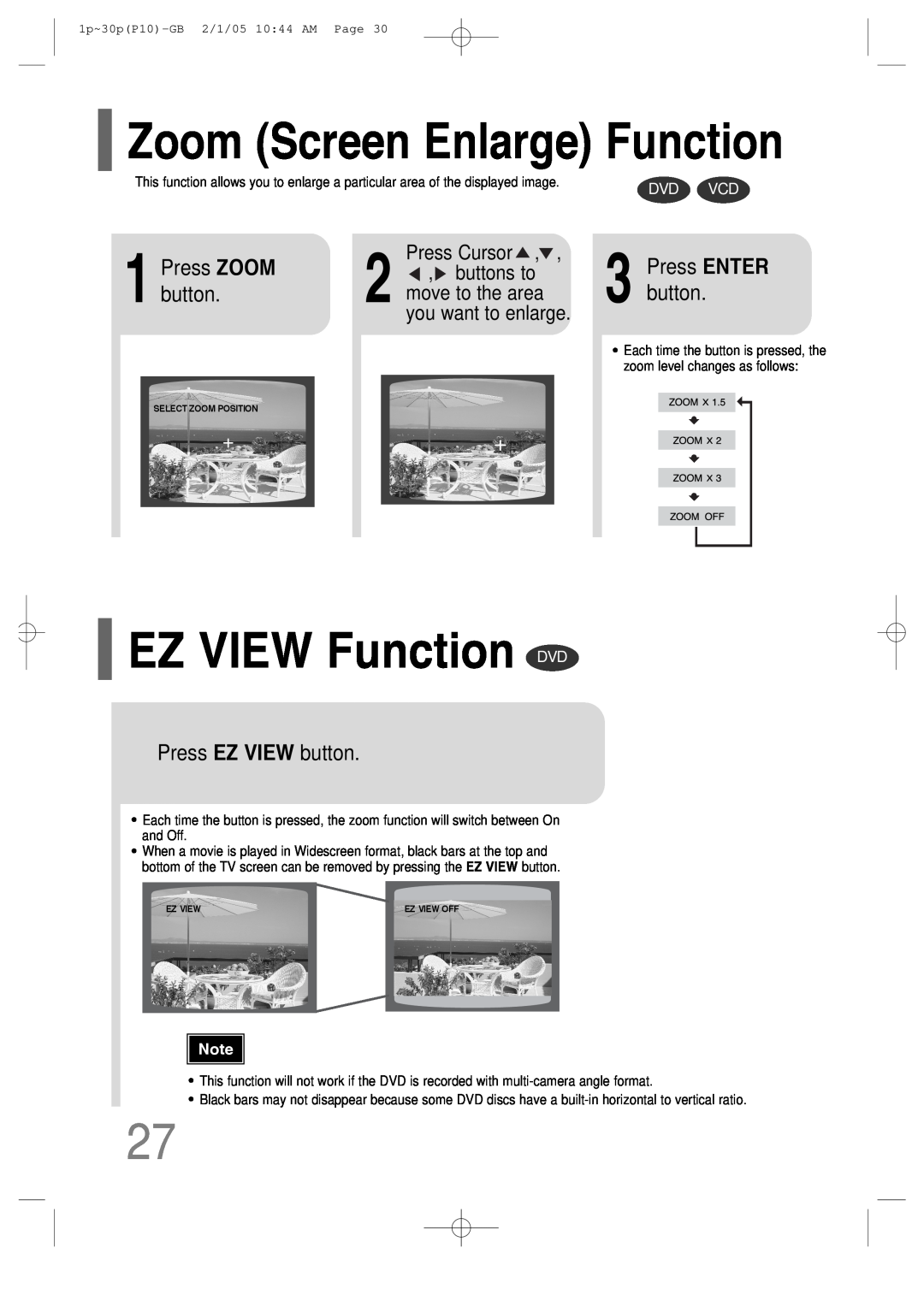 Samsung P10 instruction manual Zoom Screen Enlarge Function, EZ VIEW Function DVD, Press EZ VIEW button, Press ZOOM button 