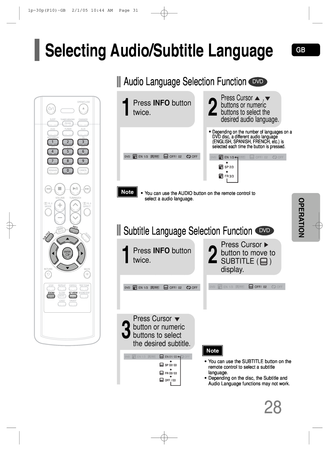 Samsung P10 1Press INFO button twice, desired audio language, 1Press INFO button 2 button to move to, Press Cursor 