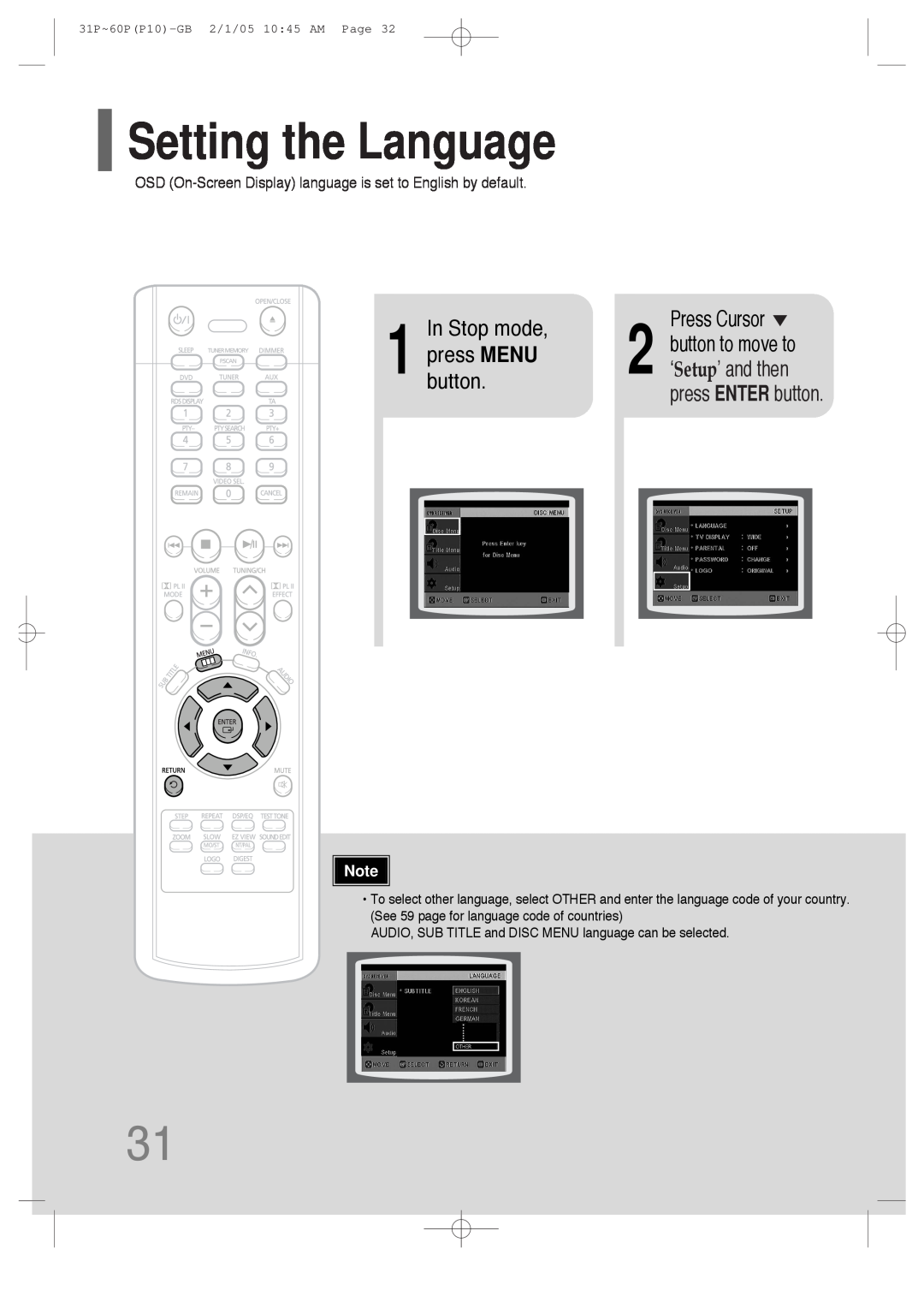Samsung P10 Setting the Language, Stop mode, button to move to, button.press MENU, Press Cursor, ‘Setup’ and then 