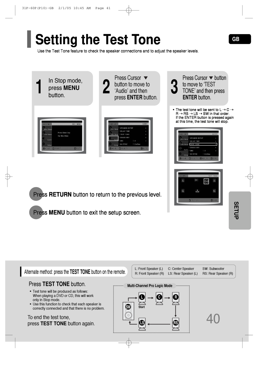 Samsung P10 instruction manual Setting the Test Tone 