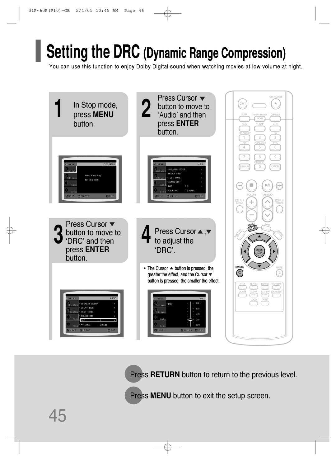 Samsung P10 instruction manual Setting the DRC Dynamic Range Compression 