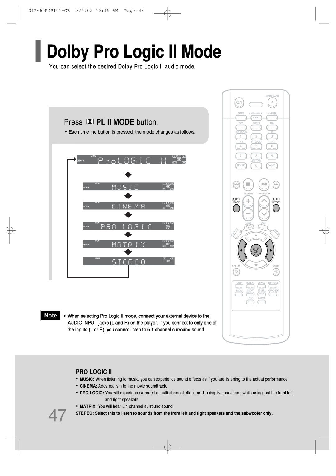 Samsung P10 instruction manual Dolby Pro Logic II Mode, Press PL II MODE button 