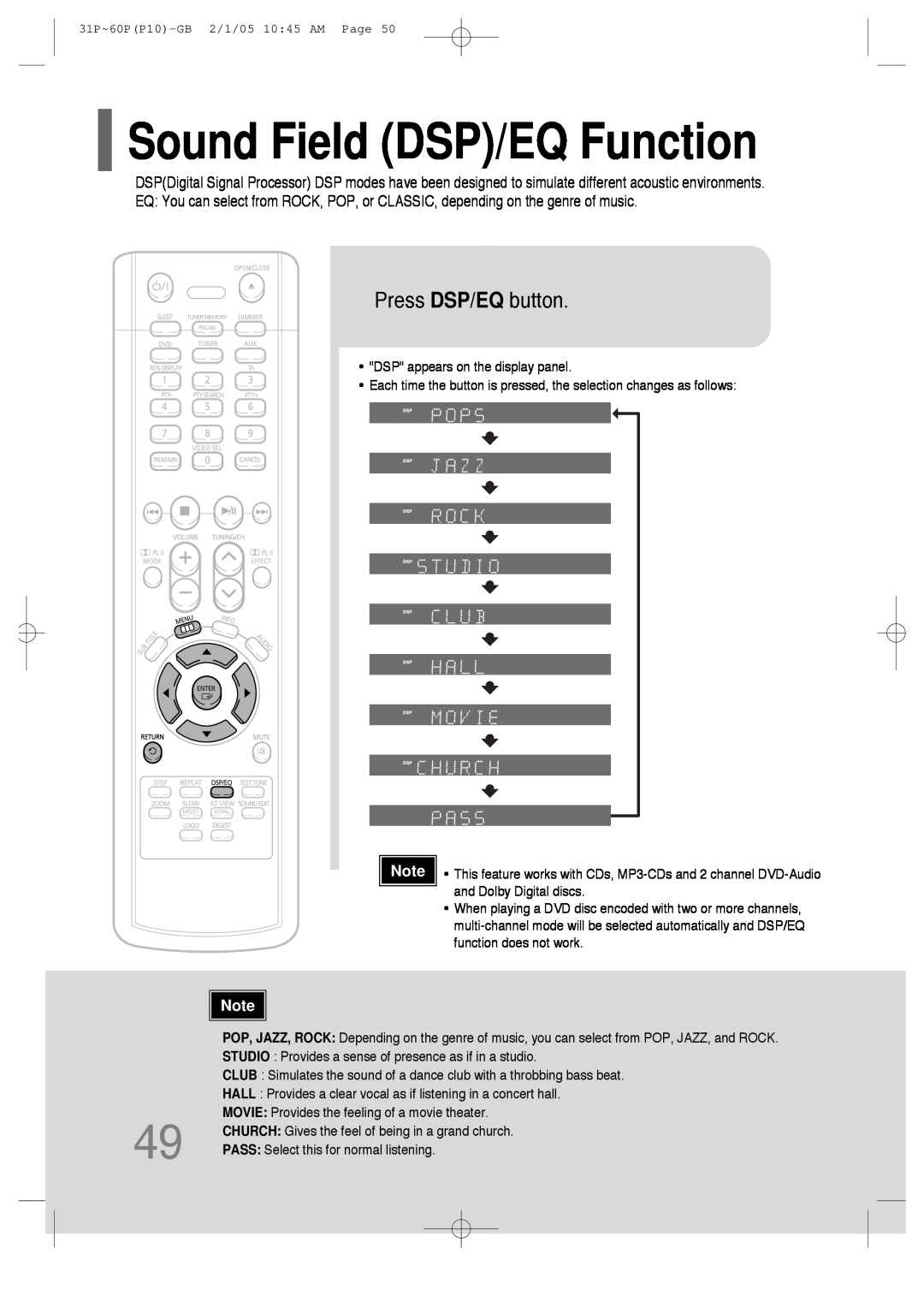 Samsung P10 instruction manual Sound Field DSP/EQ Function, Press DSP/EQ button 