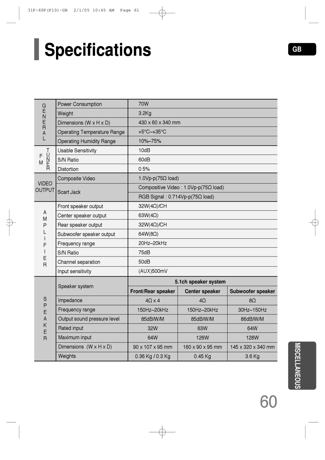 Samsung P10 instruction manual Specifications, Miscellaneous 