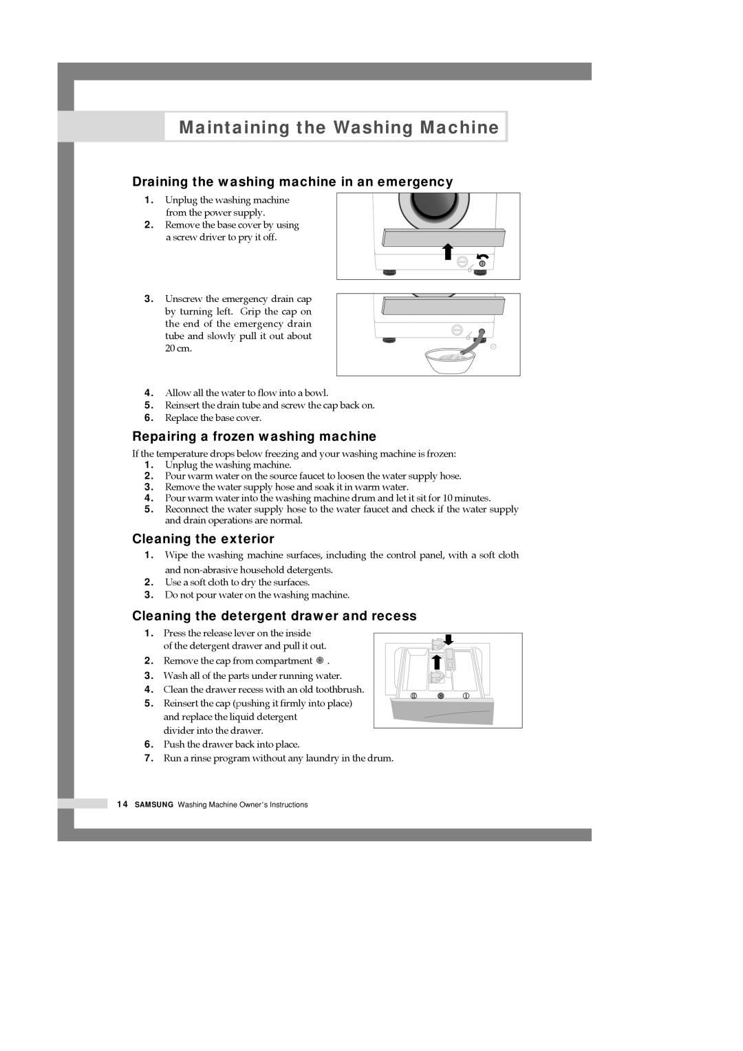 Samsung P801GW/YLP Maintaining the Washing Machine, Draining the washing machine in an emergency, Cleaning the exterior 