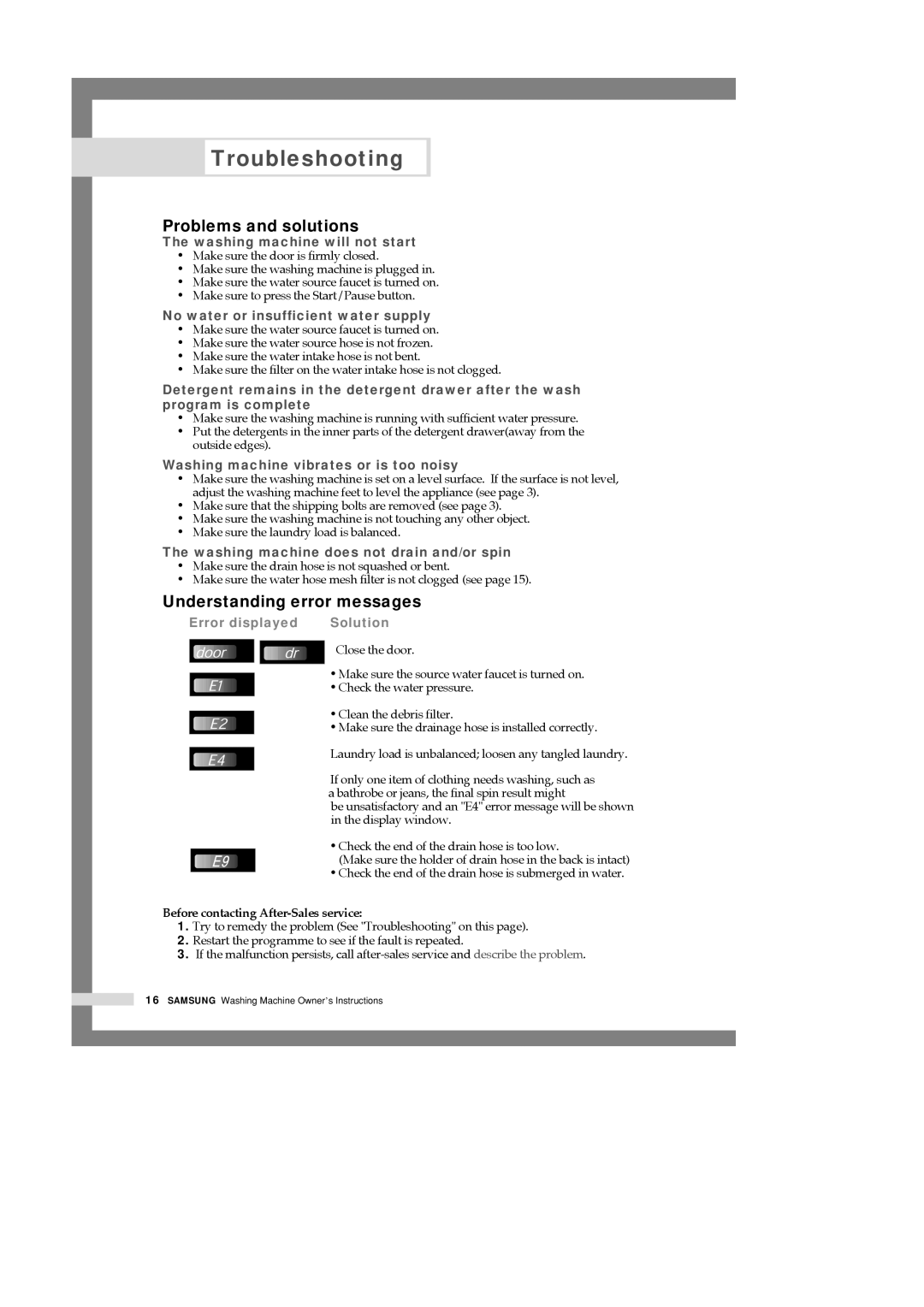 Samsung P801GWE/YLR, P1001EW/YNQ, P801EW/YNQ manual Troubleshooting, Problems and solutions, Understanding error messages 