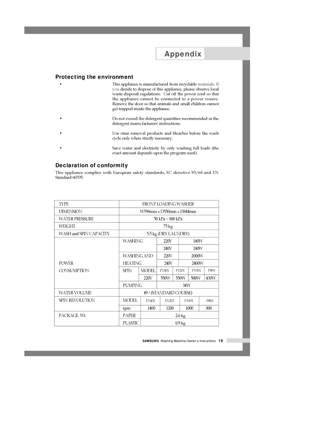 Samsung P1201GW/YOF, P1001EW/YNQ, P801EW/YNQ, P801GW/YOF, P1001GW/YOF Protecting the environment, Declaration of conformity 