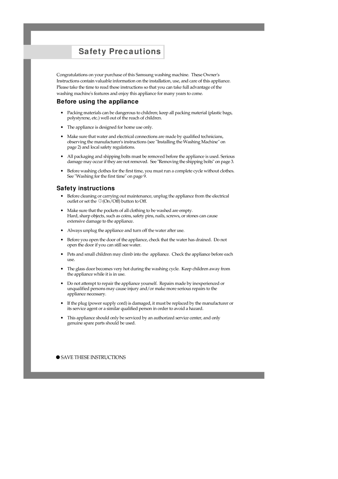 Samsung P1003J(P1070) manual Safety Precautions, Before using the appliance, Safety instructions 