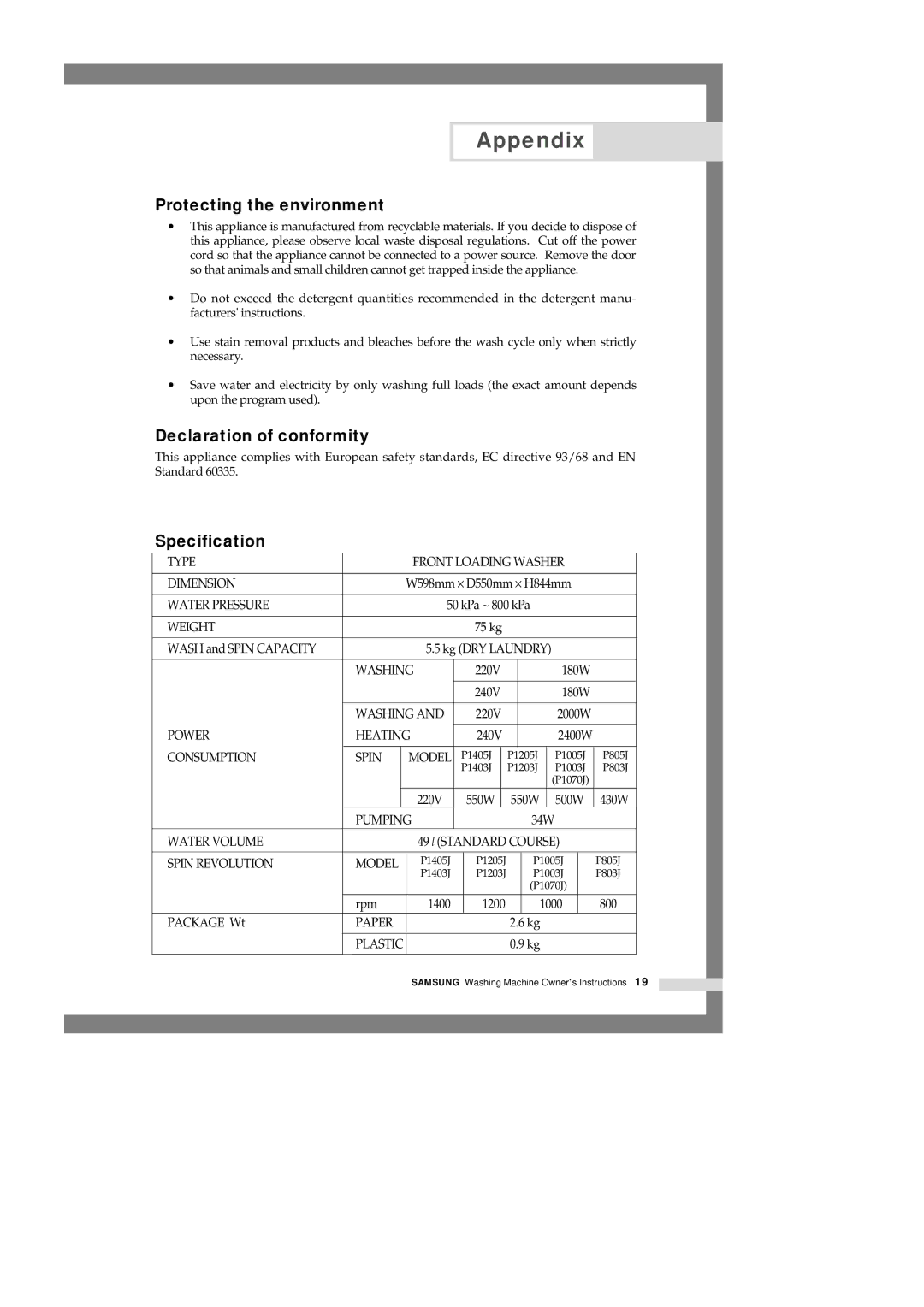 Samsung P1003J(P1070) manual Protecting the environment, Declaration of conformity, Specification 