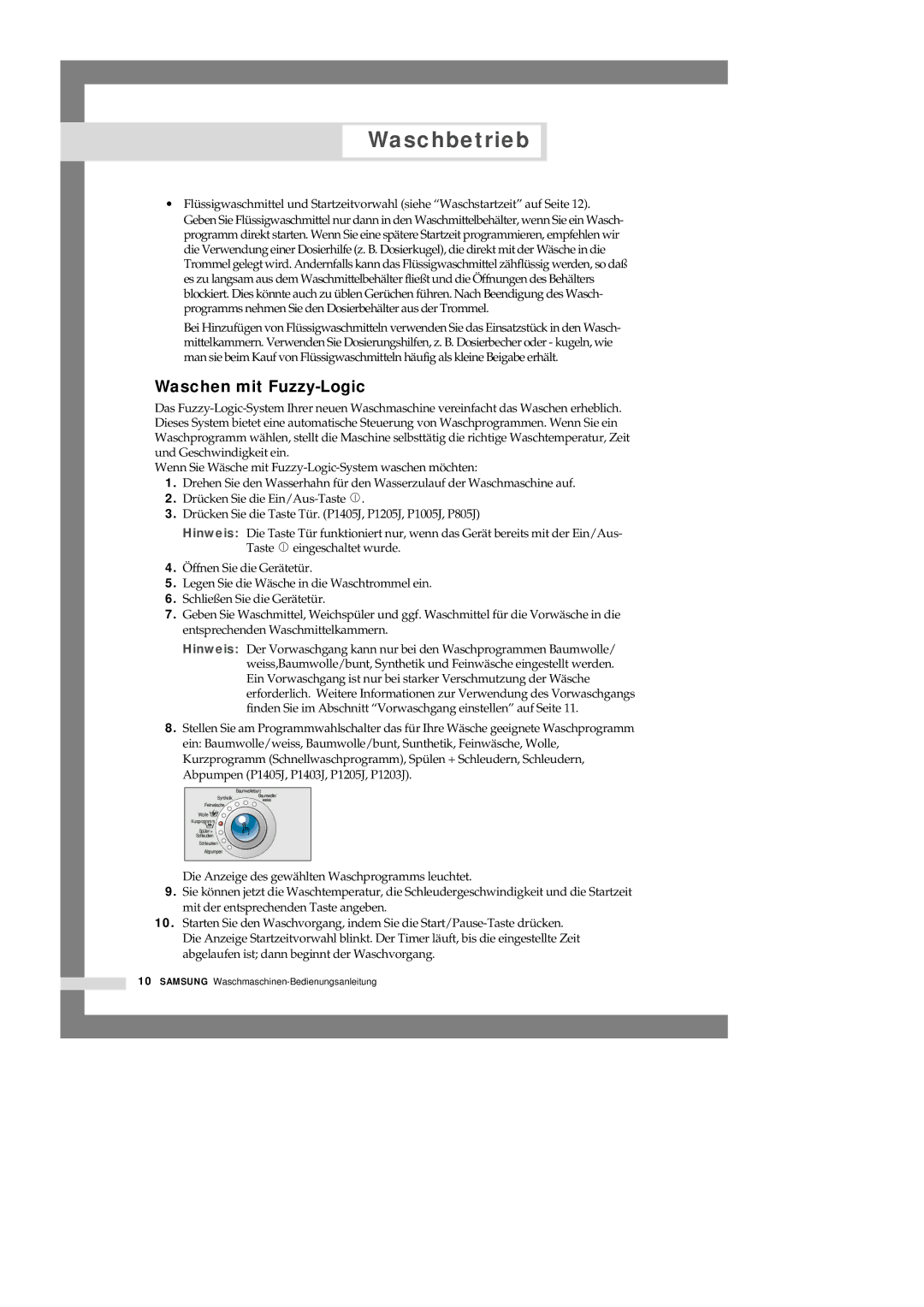Samsung P1205JGW/XEG, P1005JEW/YOC, P1405JGS1/XEG, P1205JEW/YOC, P1005JGW/XEG, P1405JGW/XEG manual Waschen mit Fuzzy-Logic 