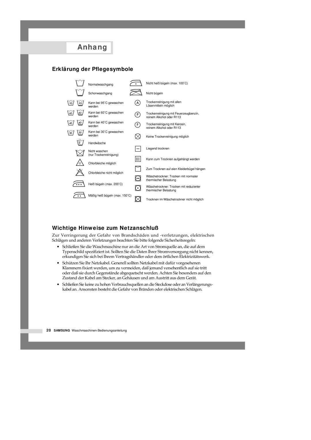 Samsung P1005JEW/YOC, P1205JGW/XEG, P1405JGS1/XEG Anhang, Erklärung der Pflegesymbole, Wichtige Hinweise zum Netzanschluß 