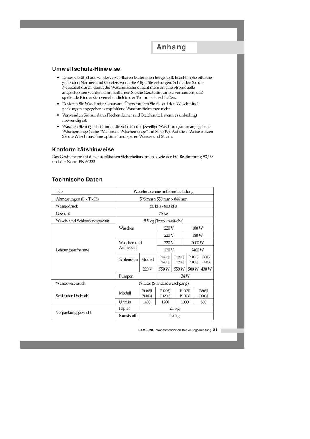 Samsung P1205JGW/XEG, P1005JEW/YOC, P1405JGS1/XEG manual Umweltschutz-Hinweise, Konformitätshinweise, Technische Daten 