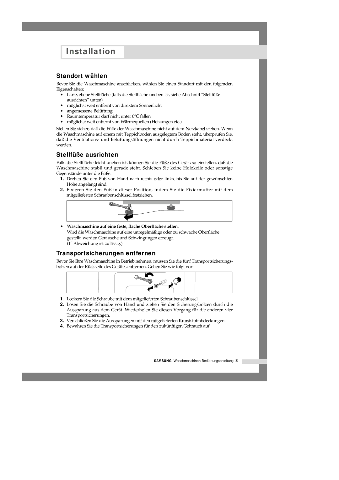 Samsung P1405JGW/XEG, P1005JEW/YOC, P1205JGW/XEG manual Standort wählen, Stellfüße ausrichten, Transportsicherungen entfernen 