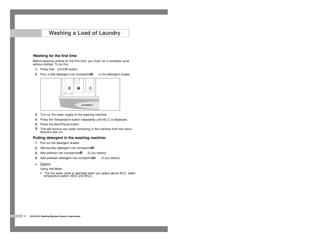 Samsung P8091GW/YLP, P1091GW1/YLP Washing for the first time, Putting detergent in the washing machine, Using Hot Water 