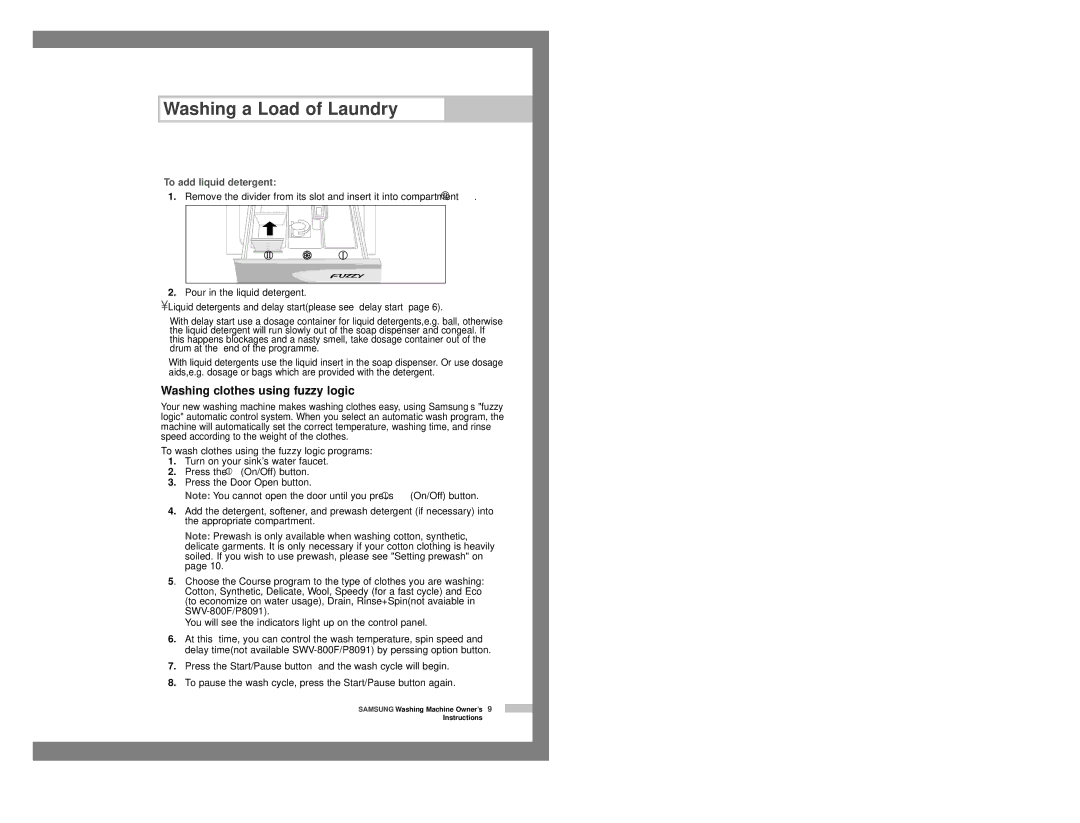 Samsung P8091GW/XEZ, P1091GW1/YLP, P8091GW/YLR, P8091GW/XEC manual Washing clothes using fuzzy logic, To add liquid detergent 