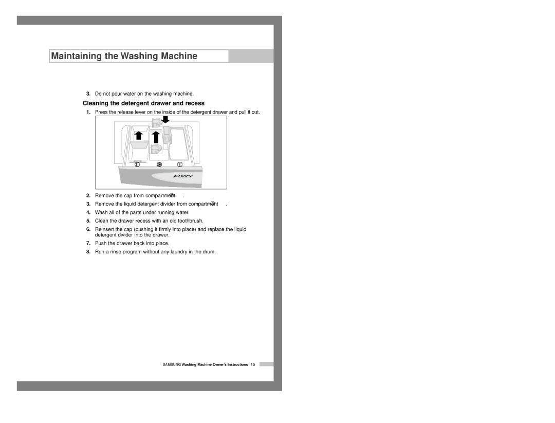 Samsung P1091GW1/YLP, P8091GW/YLR, P8091GW/XEC, P8091GWE/YLR, P8091EW/YLO manual Cleaning the detergent drawer and recess 