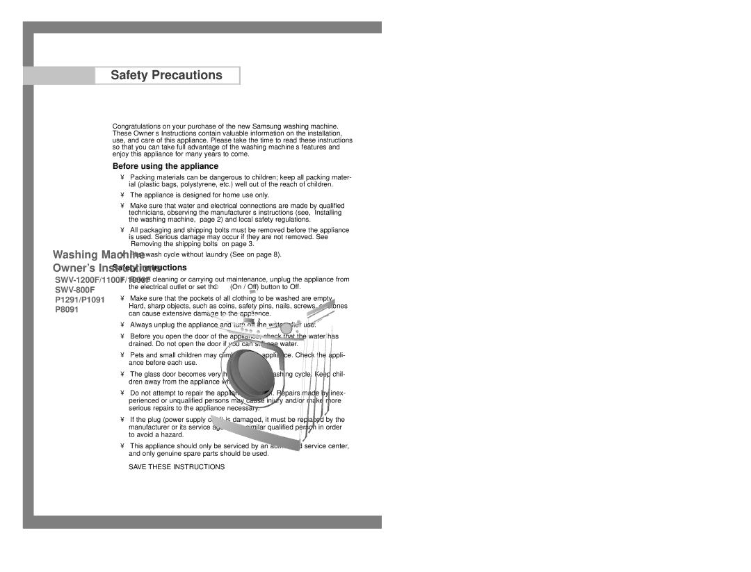 Samsung P8091GW/XEC, P1091GW1/YLP, P8091GW/YLR manual Safety Precautions, Before using the appliance, Safety instructions 