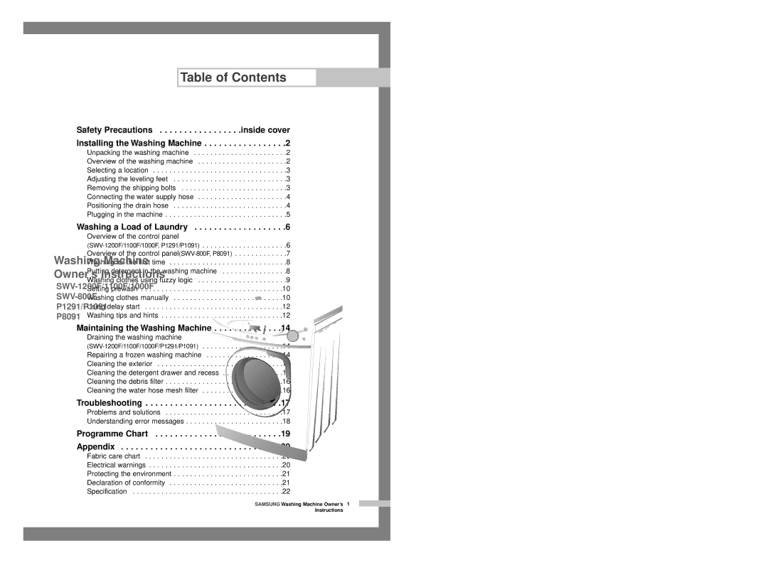 Samsung P8091GWE/YLR, P1091GW1/YLP, P8091GW/YLR, P8091GW/XEC, P8091EW/YLO, P8091GW/XEP, P1091GW/YLE manual Table of Contents 