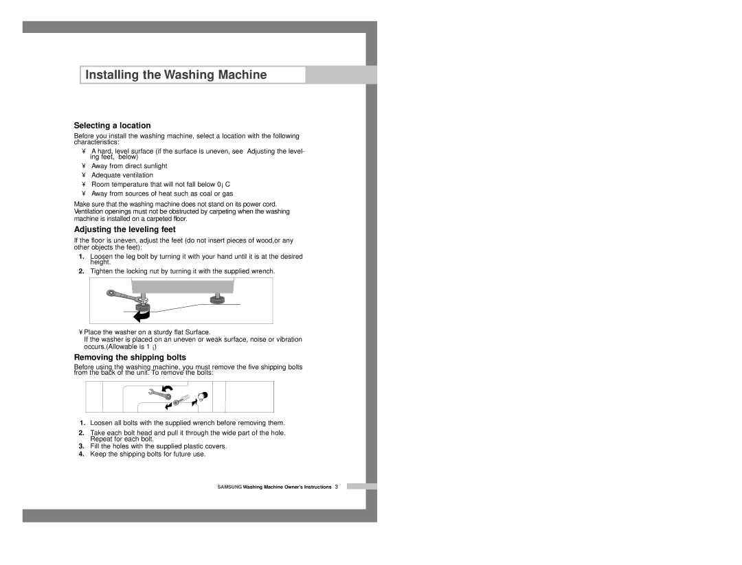 Samsung P8091GW/XEP, P1091GW1/YLP manual Selecting a location, Adjusting the leveling feet, Removing the shipping bolts 