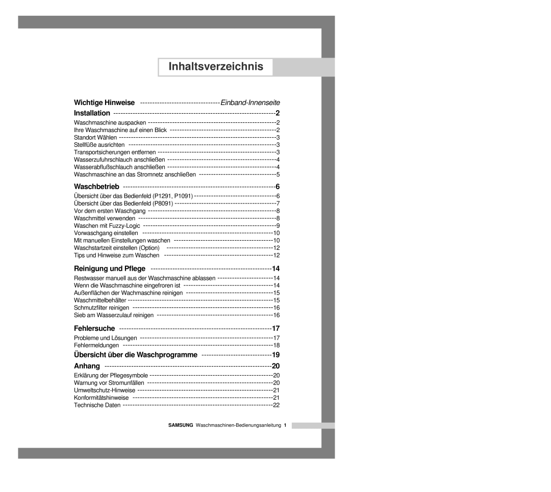 Samsung P1091GW/XEG manual Inhaltsverzeichnis, Wichtige Hinweise 