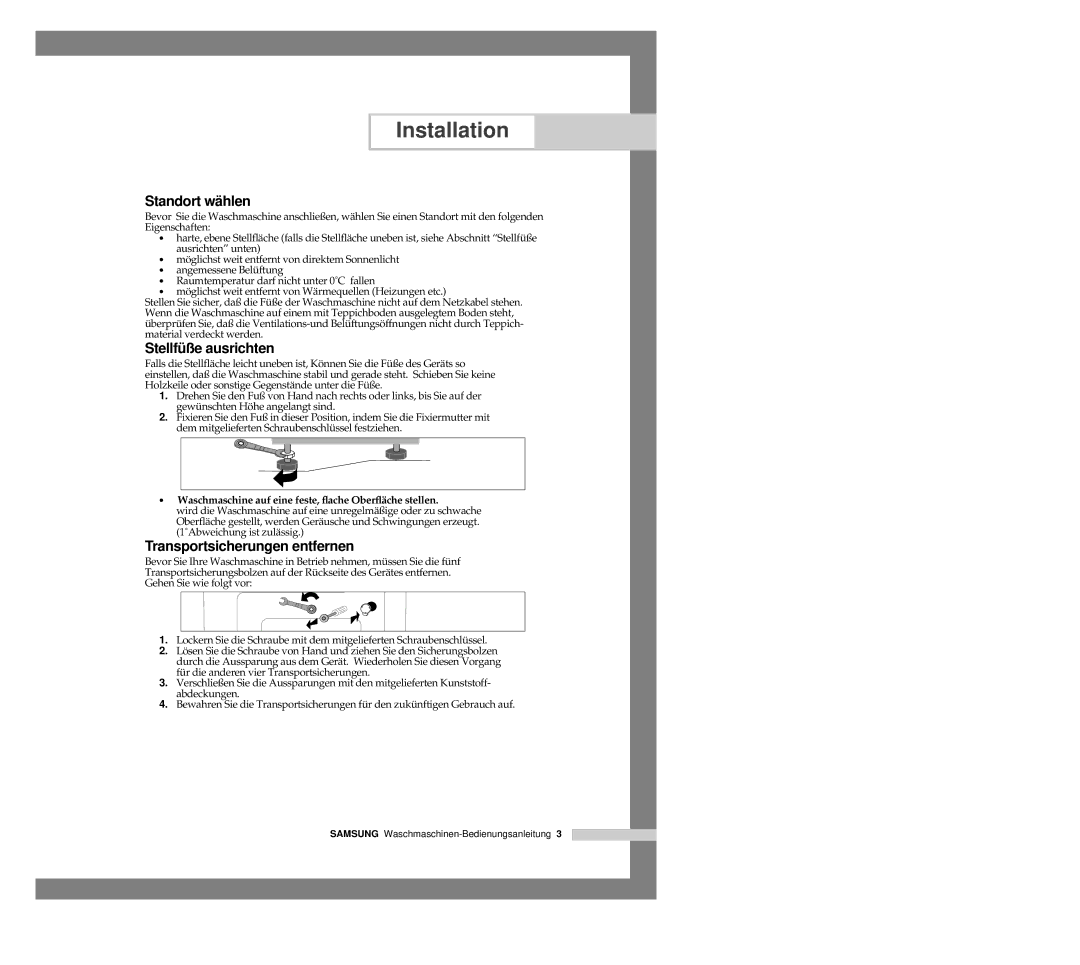 Samsung P1091GW/XEG manual Standort wählen, Stellfüße ausrichten, Transportsicherungen entfernen 