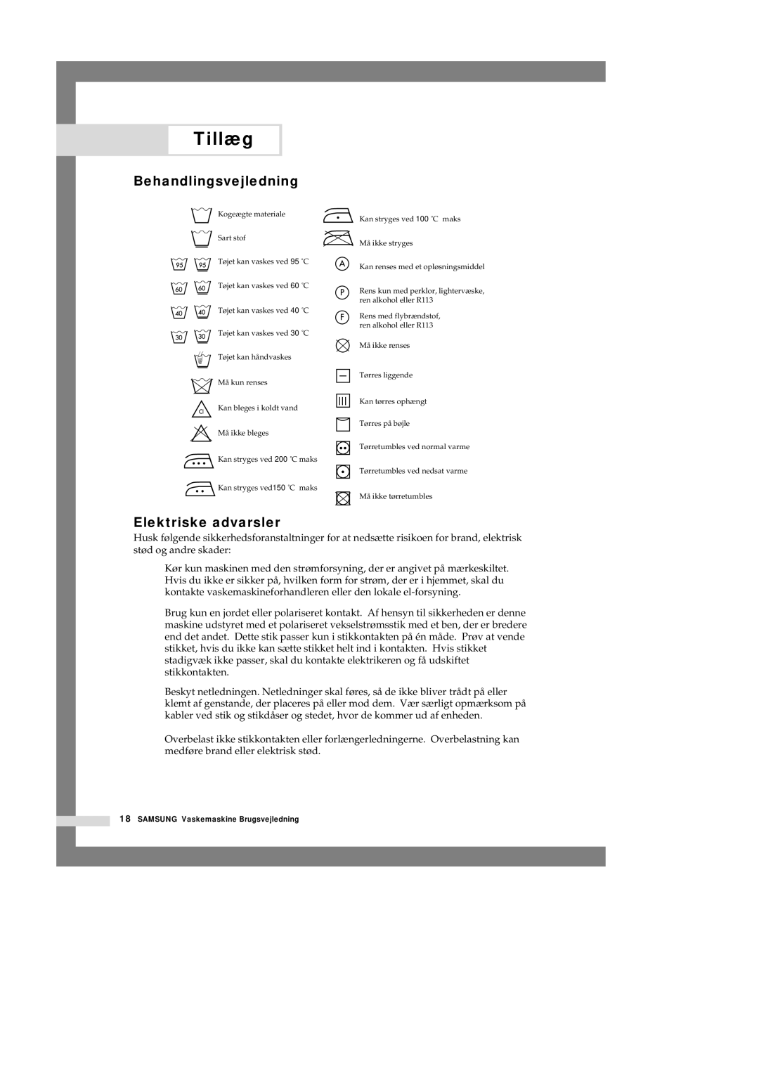 Samsung P1201GW/XEE manual Tillæg, Behandlingsvejledning, Elektriske advarsler 