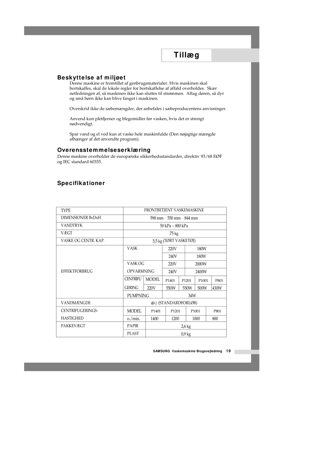 Samsung P1201GW/XEE manual Beskyttelse af miljøet, Overensstemmelseserklæring, Specifikationer 