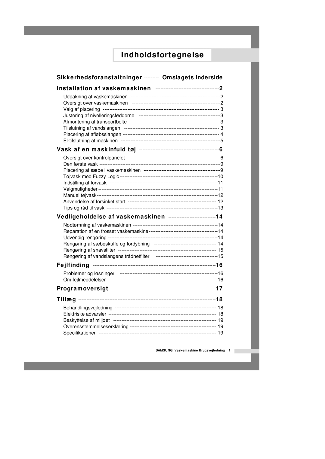 Samsung P1201GW/XEE Indholdsfortegnelse, Sikkerhedsforanstaltninger Omslagets inderside, Vedligeholdelse af vaskemaskinen 