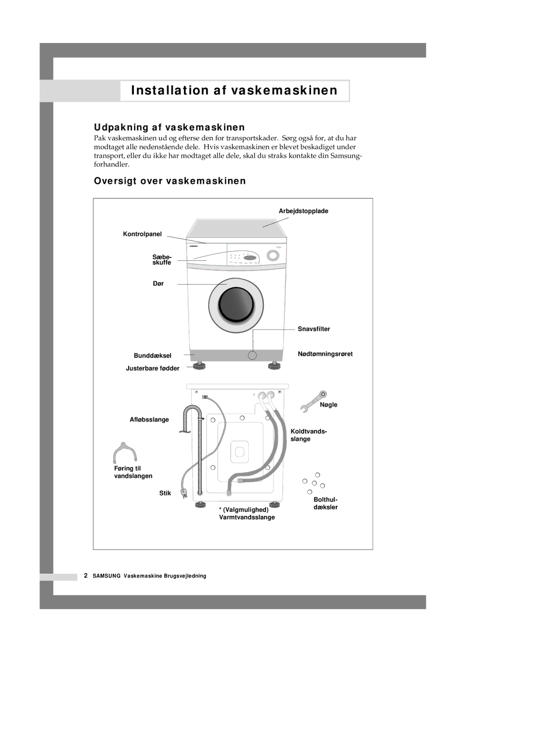 Samsung P1201GW/XEE manual Installation af vaskemaskinen, Udpakning af vaskemaskinen, Oversigt over vaskemaskinen 