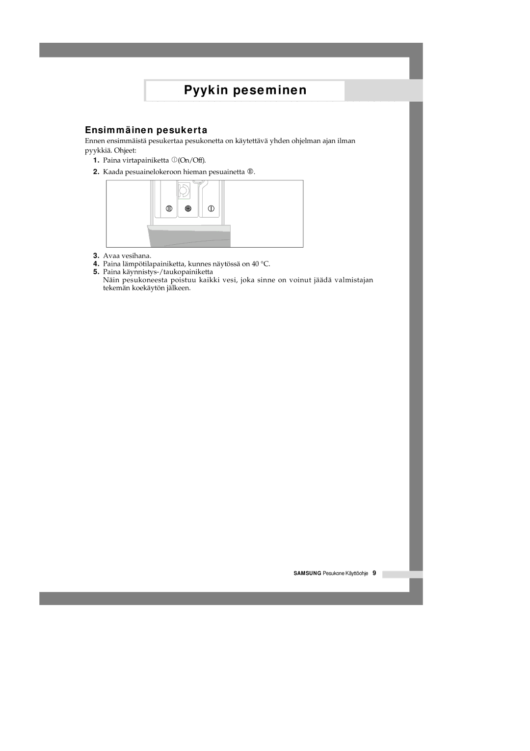 Samsung P1201GW/XEE manual Ensimmäinen pesukerta 