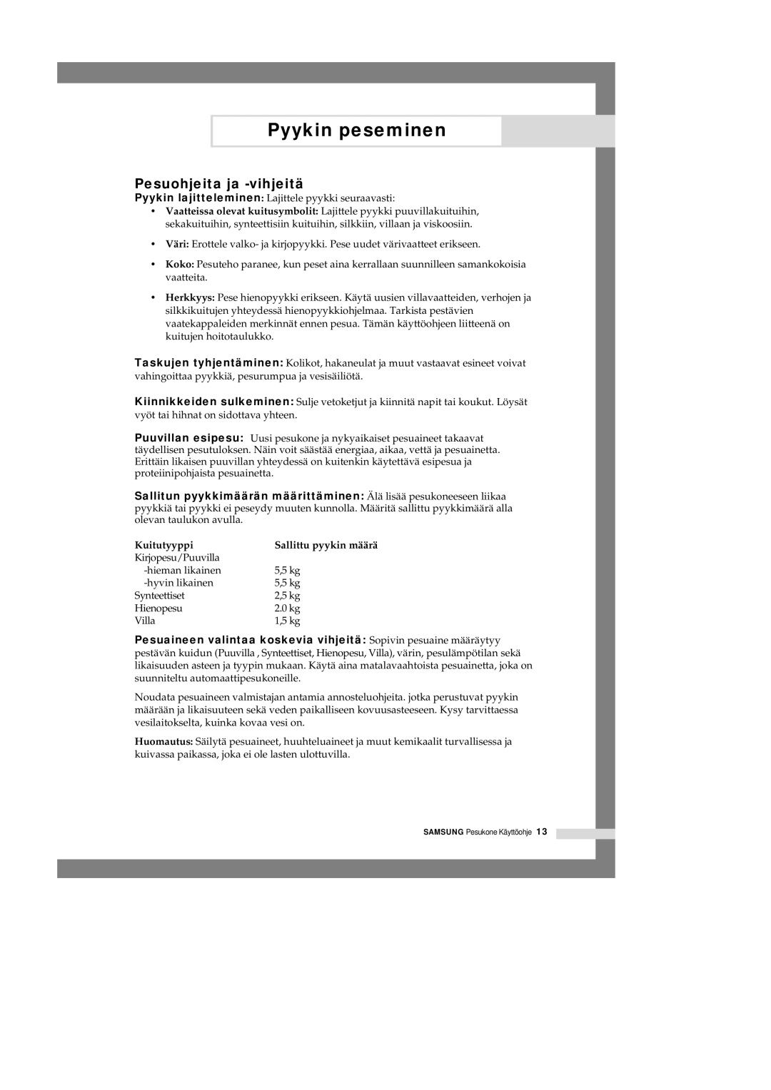 Samsung P1201GW/XEE manual Pesuohjeita ja -vihjeitä, Kuitutyyppi 