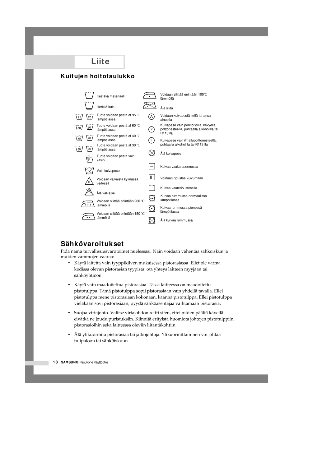 Samsung P1201GW/XEE manual Liite, Kuitujen hoitotaulukko 