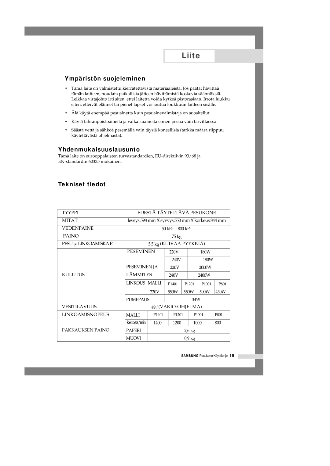 Samsung P1201GW/XEE manual Ympäristön suojeleminen, Yhdenmukaisuuslausunto, Tekniset tiedot 