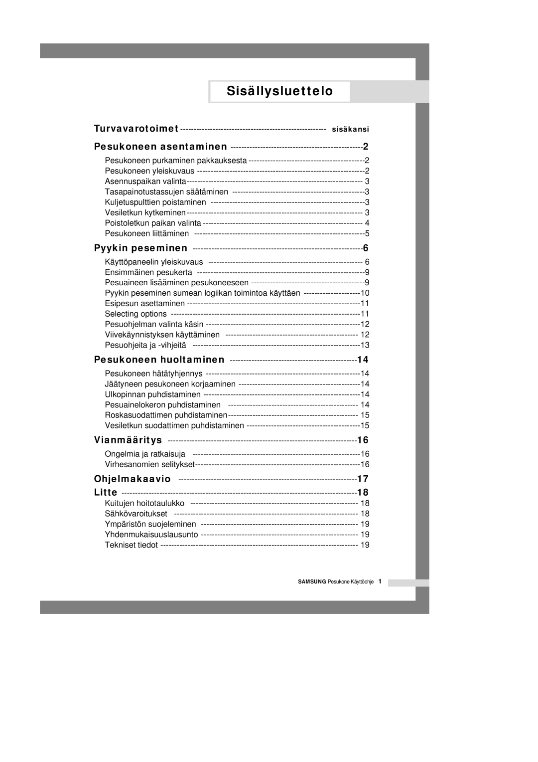 Samsung P1201GW/XEE manual Sisällysluettelo, Sisäkansi 