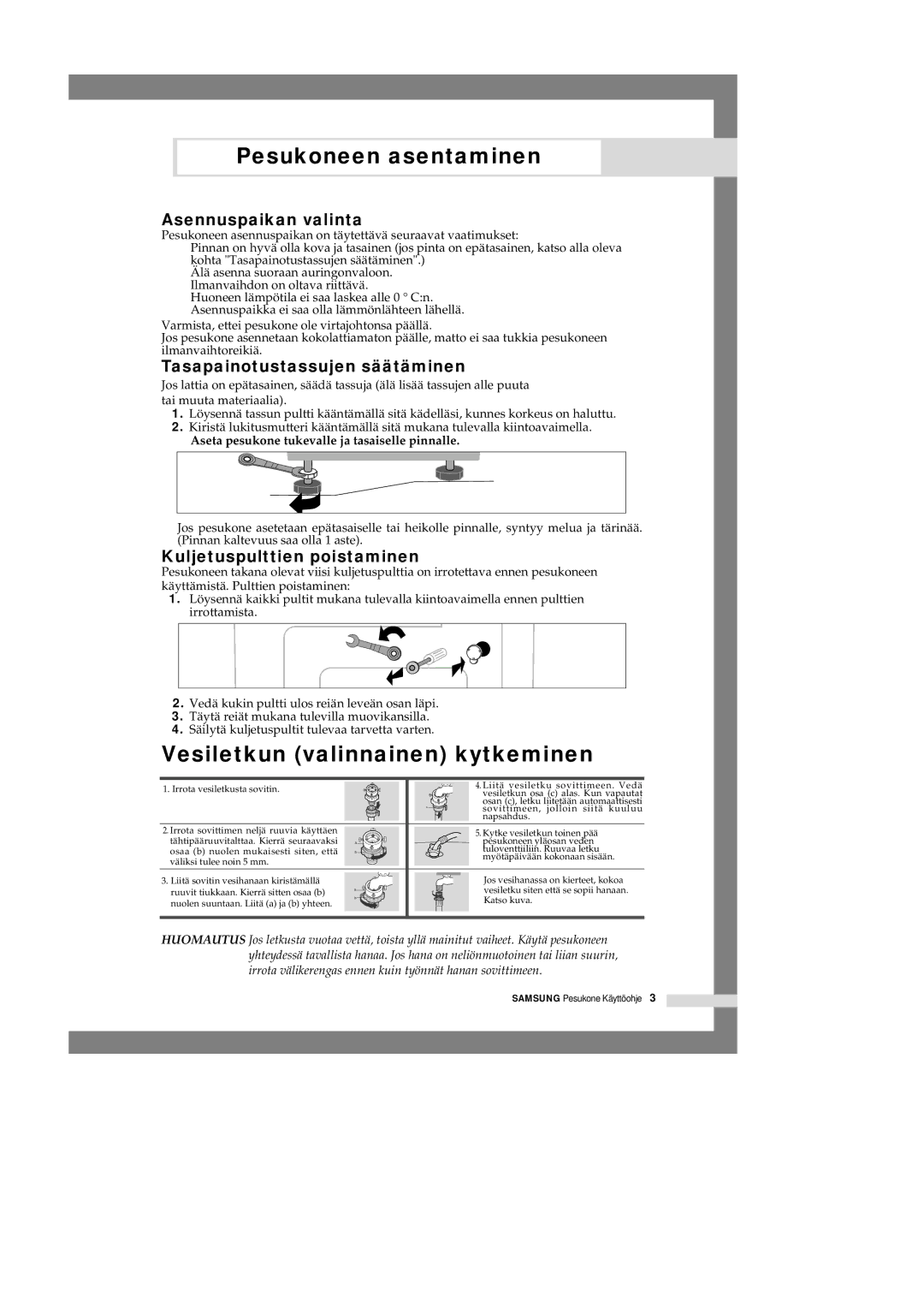 Samsung P1201GW/XEE manual Vesiletkun valinnainen kytkeminen, Asennuspaikan valinta, Tasapainotustassujen säätäminen 