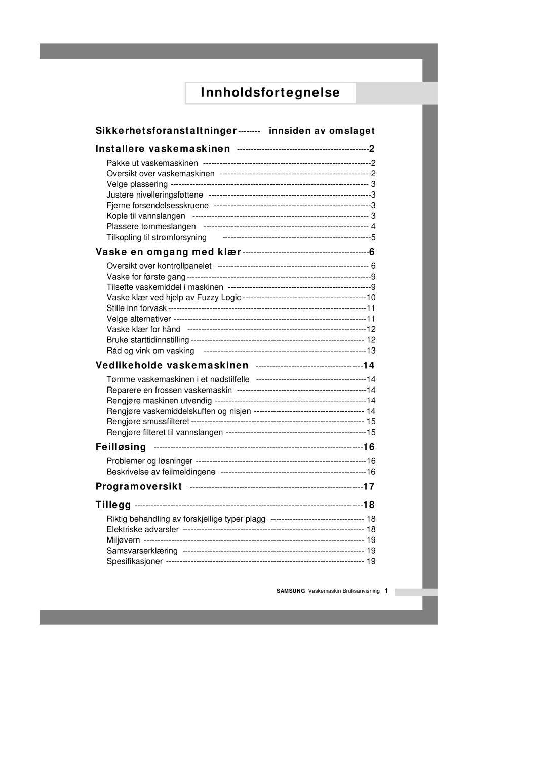 Samsung P1201GW/XEE manual Innholdsfortegnelse, Sikkerhetsforanstaltninger, Innsiden av omslaget 