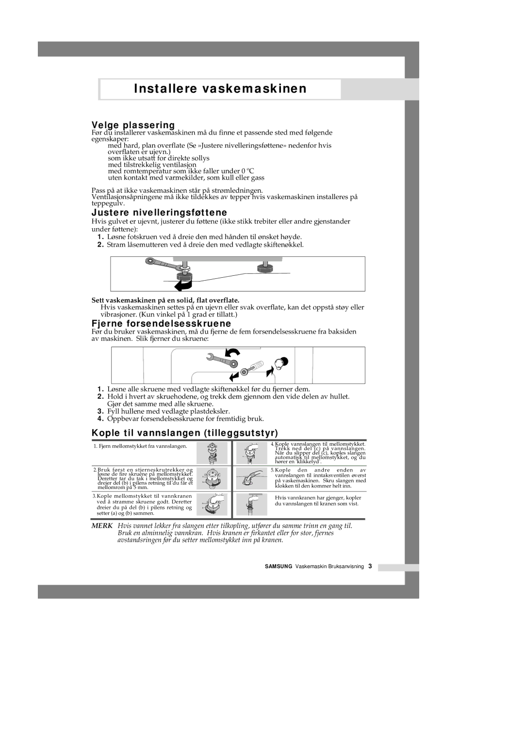 Samsung P1201GW/XEE manual Velge plassering, Justere nivelleringsføttene, Fjerne forsendelsesskruene 