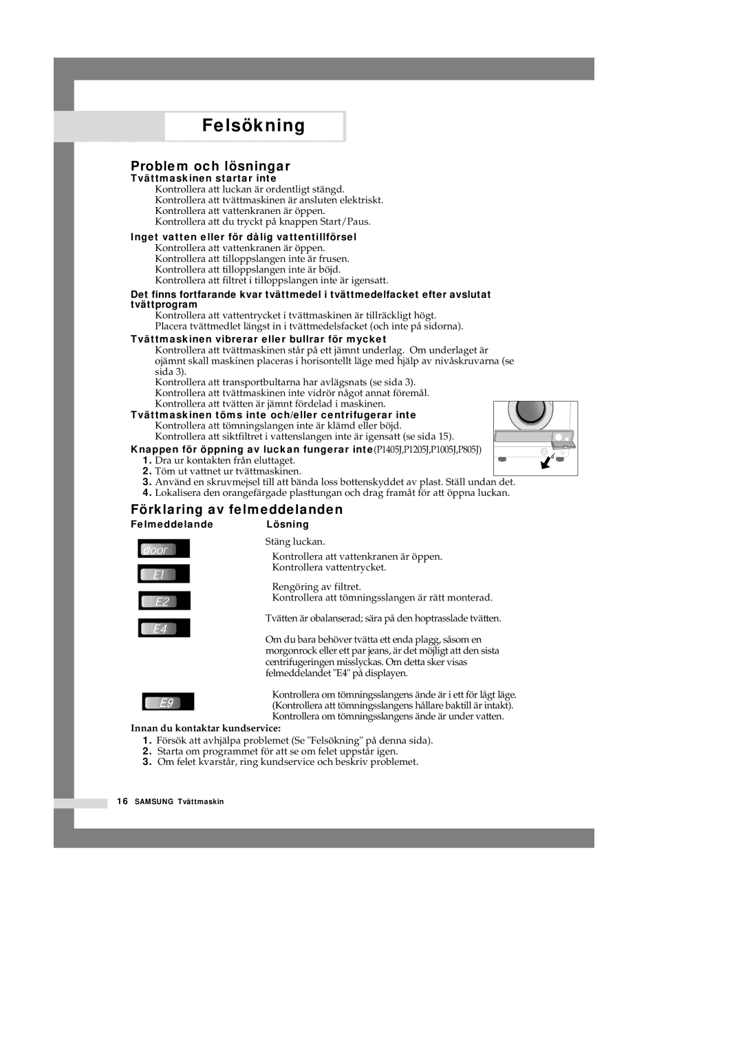 Samsung P1201GW/XEE manual Felsökning, Problem och lösningar, Förklaring av felmeddelanden, Innan du kontaktar kundservice 