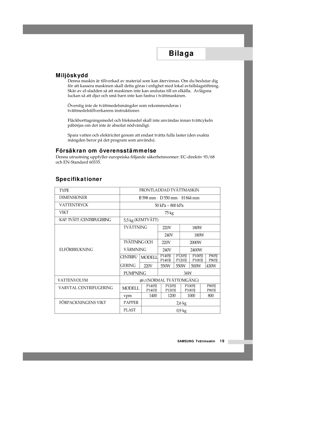 Samsung P1201GW/XEE manual Miljöskydd, Försäkran om överensstämmelse, Specifikationer 