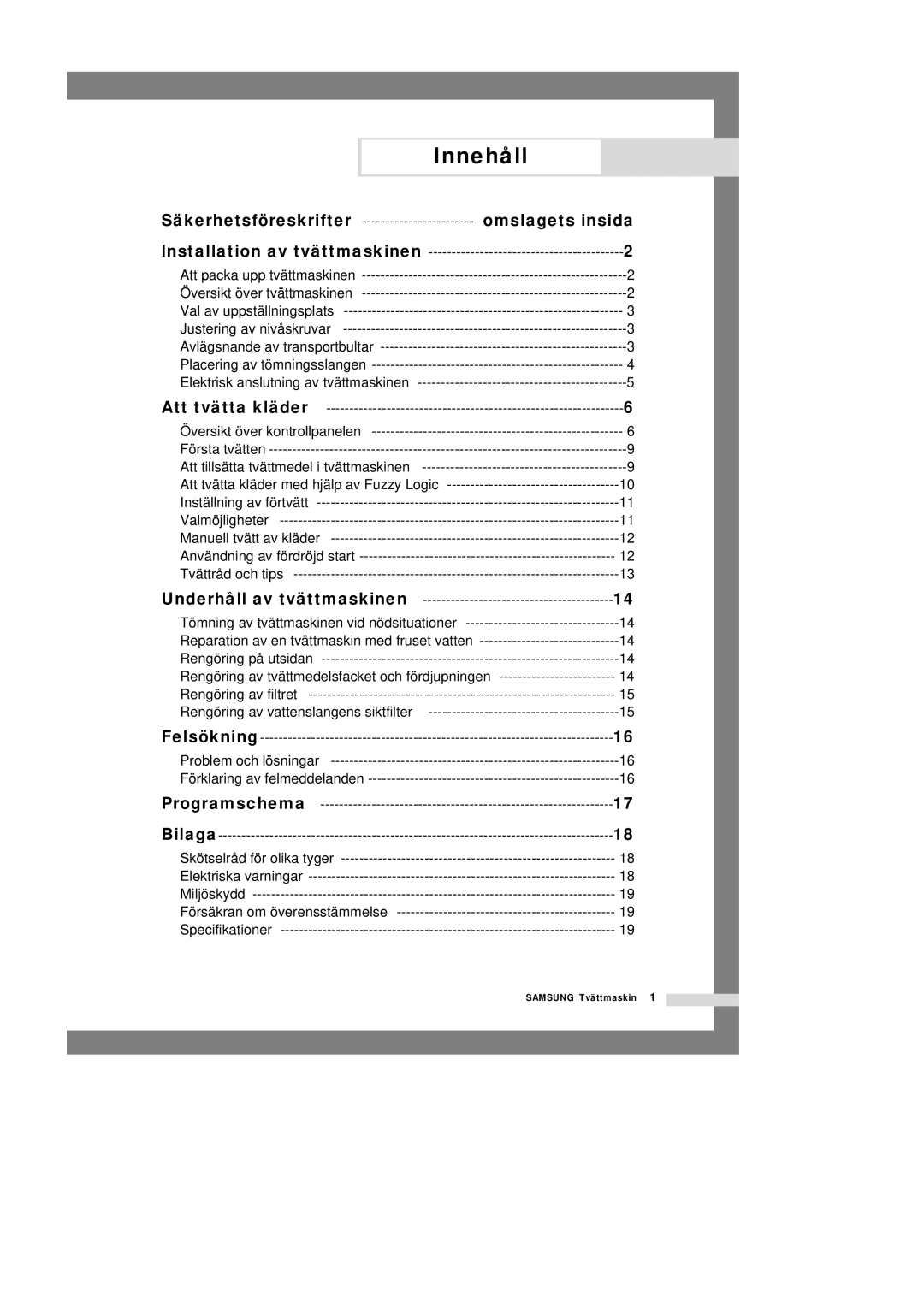 Samsung P1201GW/XEE manual Innehåll, Omslagets insida 