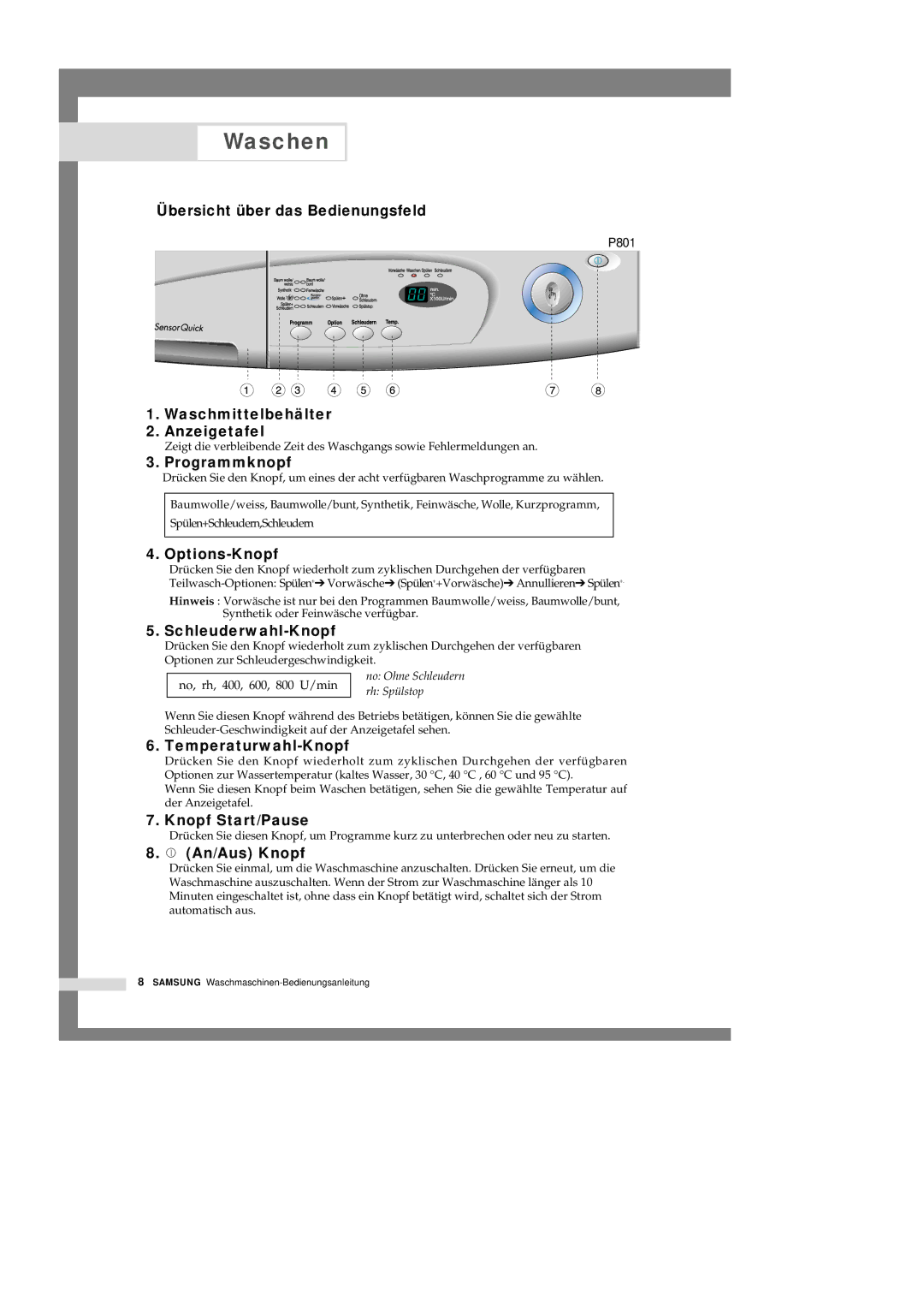 Samsung P1401GW/XEG, P1201GW/XEG, P1401GW1/XEG, P1201GW1/XEG manual Waschen, No, rh, 400, 600, 800 U/min 