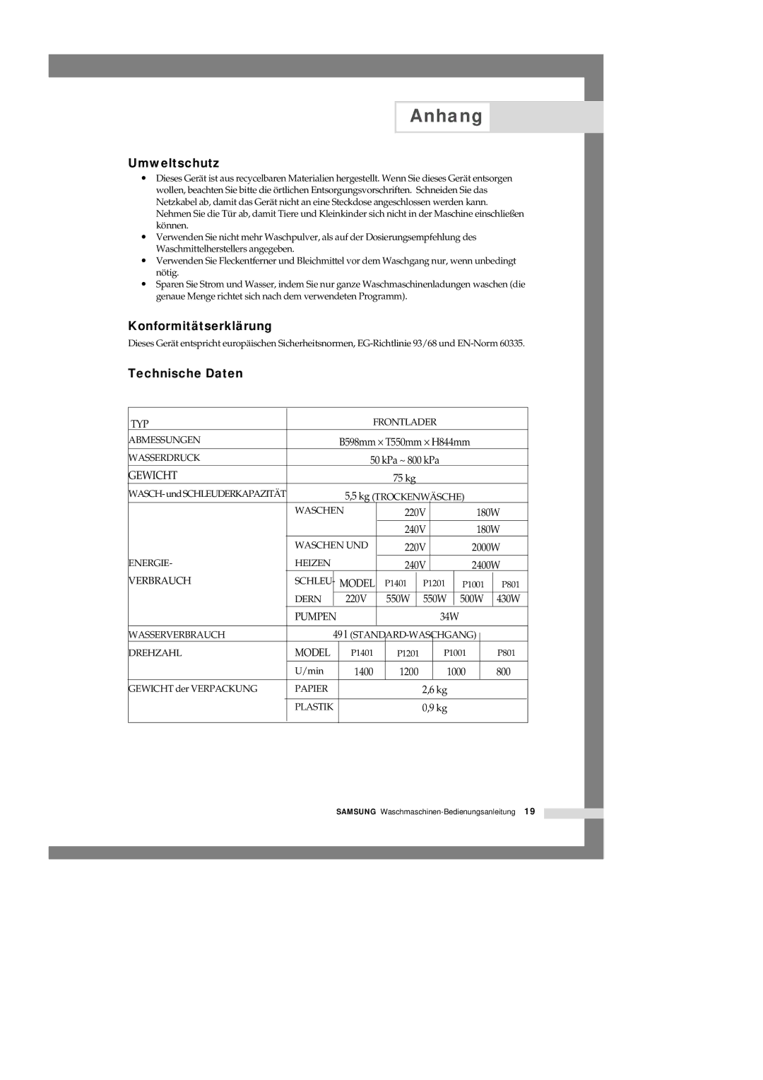 Samsung P1401GW1/XEG, P1201GW/XEG, P1401GW/XEG, P1201GW1/XEG manual Umweltschutz, Konformitätserklärung, Technische Daten 