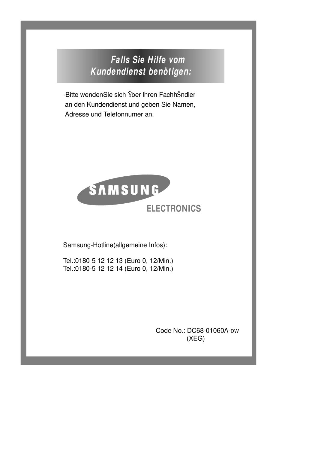 Samsung P1401GW/XEG, P1201GW/XEG, P1401GW1/XEG, P1201GW1/XEG manual Falls Sie Hilfe vom Kundendienst benötigen 